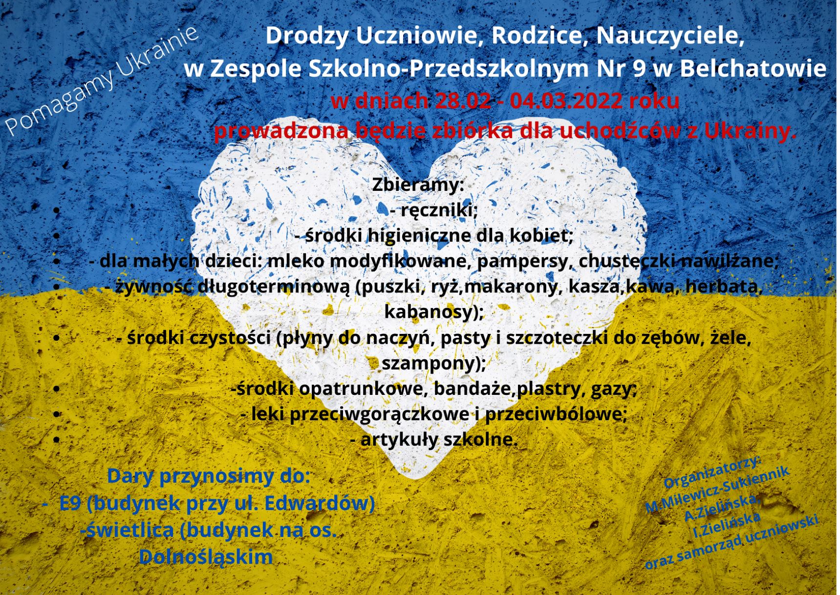 Plakat z informacjami na temat zbiórki produktów dla uchodźców z Ukrainy, potrzebne rzeczy produkty długoterminowe spożywcze, środki higieniczne, produkty dla małych dzieci